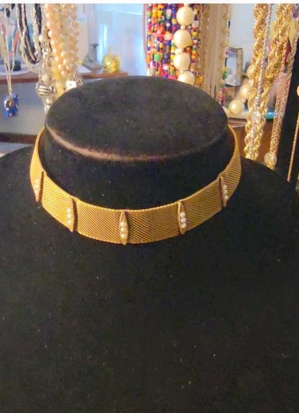 Vintage Deco Mesh Chocker Adjustable Goldtone Seed Pearls 3/4" Wide 16" Long